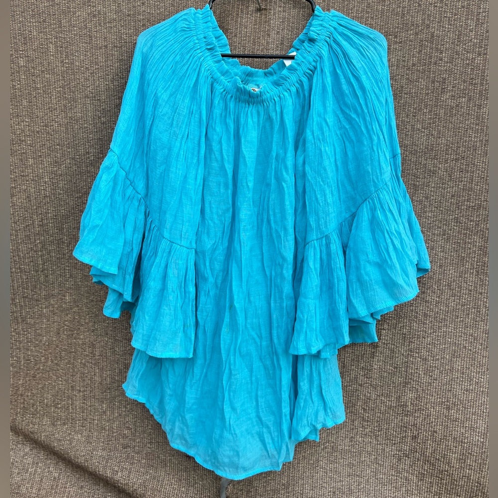 Azucar turquoise blue tiered sleeve tunic top gauze Ruffle Western Sz M